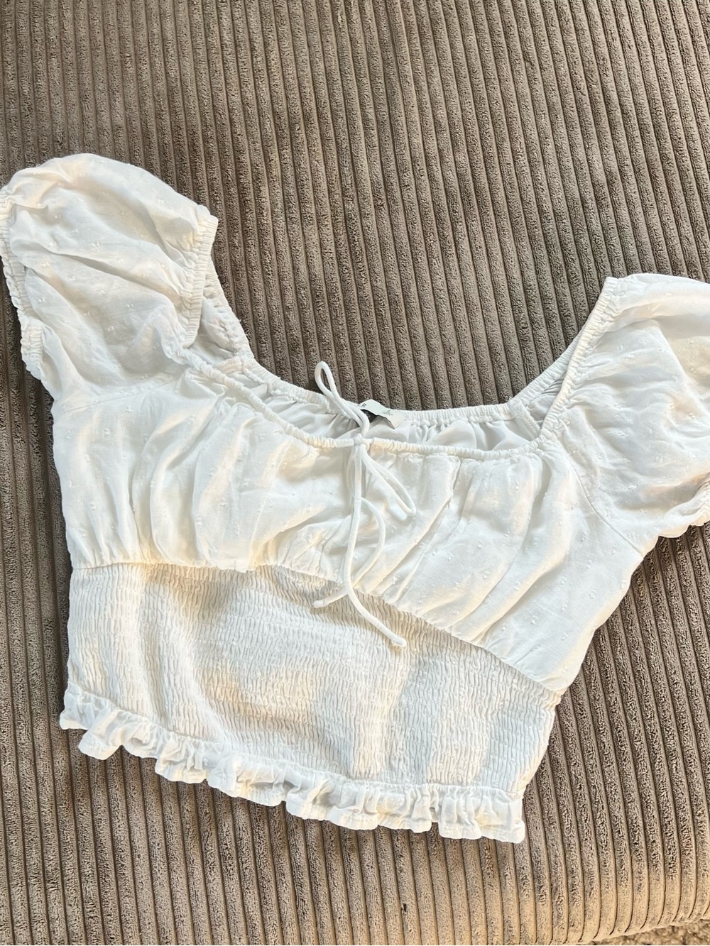 Hollister White Puff-Sleeve Smocked Crop Top with Tie Detail